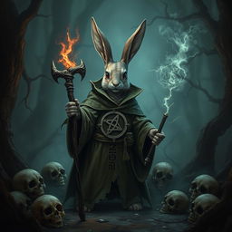 A fantasy Dungeons & Dragons inspired scene featuring an evil rabbit necromancer