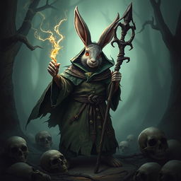 A fantasy Dungeons & Dragons inspired scene featuring an evil rabbit necromancer