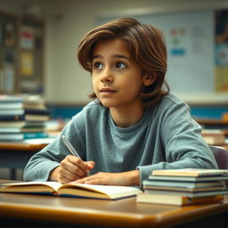 A fair brown-skinned boy with medium-length hair sitting in a classroom