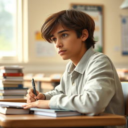 A fair brown-skinned boy with medium-length hair sitting in a classroom