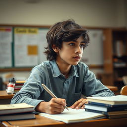 A fair brown-skinned boy with medium-length hair sitting in a classroom