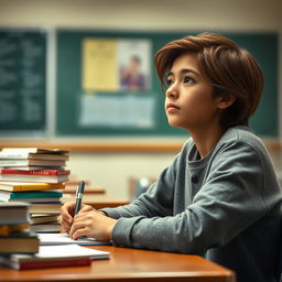 A fair brown-skinned boy with medium-length hair sitting in a classroom