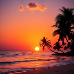 A breathtaking sunset over a serene beach, with clear, vivid colors painting the sky in hues of orange, pink, and purple