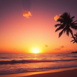 A breathtaking sunset over a serene beach, with clear, vivid colors painting the sky in hues of orange, pink, and purple