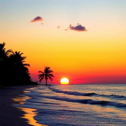 A breathtaking sunset over a serene beach, with clear, vivid colors painting the sky in hues of orange, pink, and purple