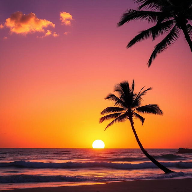 A breathtaking sunset over a serene beach, with clear, vivid colors painting the sky in hues of orange, pink, and purple