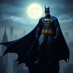 Batman wearing a blue cape, with the iconic bat logo on his chest featuring a yellow border