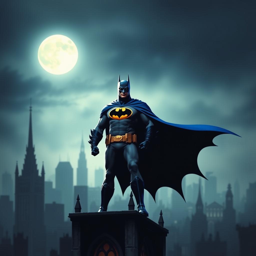 Batman wearing a blue cape, with the iconic bat logo on his chest featuring a yellow border