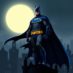 Batman wearing a blue cape, with the iconic bat logo on his chest featuring a yellow border