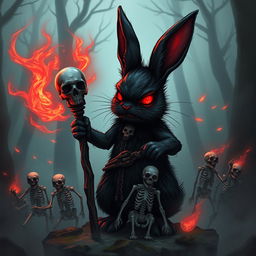 A dark and menacing bunny necromancer in a fantasy D&D setting, with glowing red eyes and an aura of dark magic swirling around it