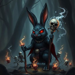 A dark and menacing bunny necromancer in a fantasy D&D setting, with glowing red eyes and an aura of dark magic swirling around it