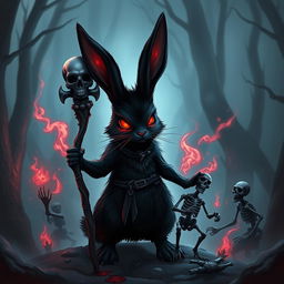 A dark and menacing bunny necromancer in a fantasy D&D setting, with glowing red eyes and an aura of dark magic swirling around it