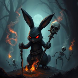 A dark and menacing bunny necromancer in a fantasy D&D setting, with glowing red eyes and an aura of dark magic swirling around it