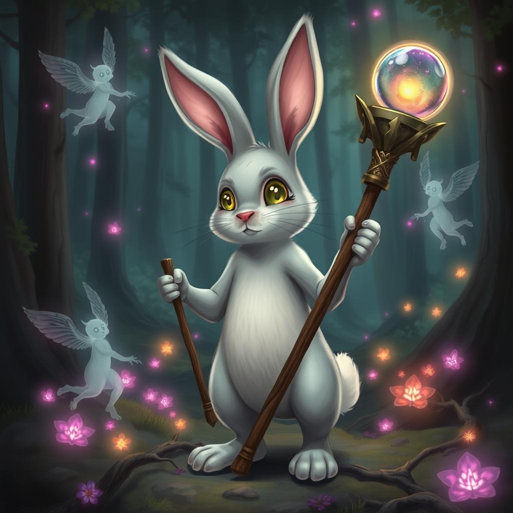 A whimsical bunny necromancer in a fantasy D&D setting, with inquisitive eyes glowing faintly with magical energy