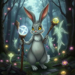 A whimsical bunny necromancer in a fantasy D&D setting, with inquisitive eyes glowing faintly with magical energy