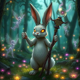 A whimsical bunny necromancer in a fantasy D&D setting, with inquisitive eyes glowing faintly with magical energy