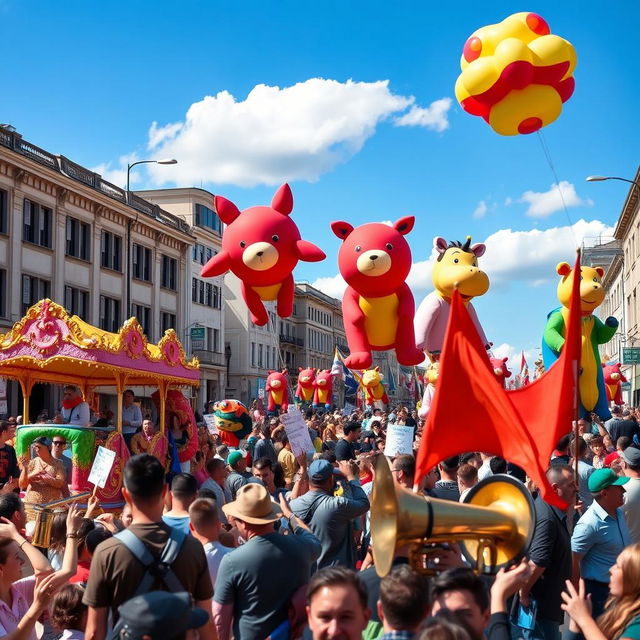 A parade featuring vibrant floats, people in colorful costumes, and balloons in the shape of animals, set on a bustling city street