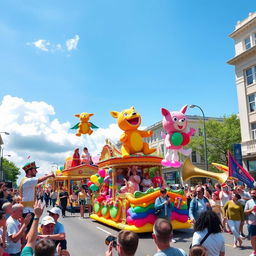 A parade featuring vibrant floats, people in colorful costumes, and balloons in the shape of animals, set on a bustling city street