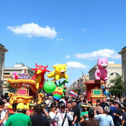 A parade featuring vibrant floats, people in colorful costumes, and balloons in the shape of animals, set on a bustling city street