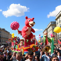 A parade featuring vibrant floats, people in colorful costumes, and balloons in the shape of animals, set on a bustling city street