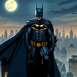 Batman wearing a bluer cape, with the iconic bat logo on his chest featuring a thinner yellow border as seen in DC Rebirth