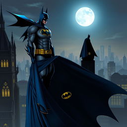 Batman wearing a bluer cape, with the iconic bat logo on his chest featuring a thinner yellow border as seen in DC Rebirth