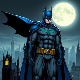 Batman wearing a bluer cape, with the iconic bat logo on his chest featuring a thinner yellow border as seen in DC Rebirth