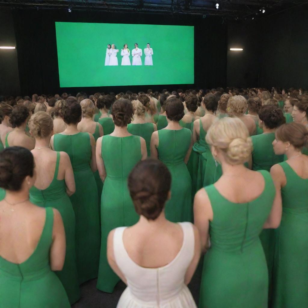 A crowd of individuals, all sporting matte green dresses, engaged in intense discussion while focused on a screen displaying nothing but pure white.