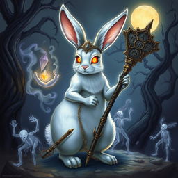 A mystical rabbit necromancer in a fantasy D&D setting, with wise, glowing eyes filled with ancient knowledge of magic