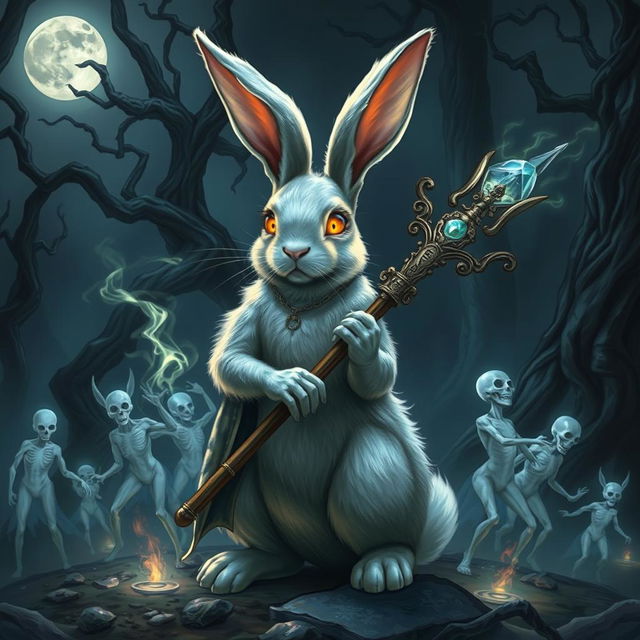 A mystical rabbit necromancer in a fantasy D&D setting, with wise, glowing eyes filled with ancient knowledge of magic