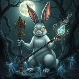 A mystical rabbit necromancer in a fantasy D&D setting, with wise, glowing eyes filled with ancient knowledge of magic