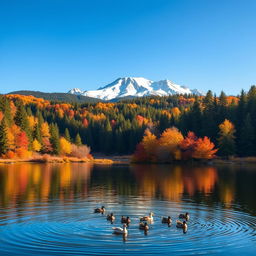 A panoramic landscape capturing the beauty of a serene lake surrounded by lush evergreen forests in the middle of autumn, with trees displaying vibrant orange, red, and yellow leaves