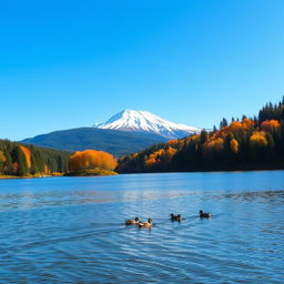 A panoramic landscape capturing the beauty of a serene lake surrounded by lush evergreen forests in the middle of autumn, with trees displaying vibrant orange, red, and yellow leaves