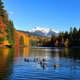 A panoramic landscape capturing the beauty of a serene lake surrounded by lush evergreen forests in the middle of autumn, with trees displaying vibrant orange, red, and yellow leaves