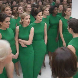 A crowd of individuals, all sporting matte green dresses, engaged in intense discussion while focused on a screen displaying nothing but pure white.