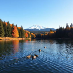 A panoramic landscape capturing the beauty of a serene lake surrounded by lush evergreen forests in the middle of autumn, with trees displaying vibrant orange, red, and yellow leaves