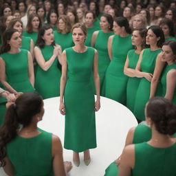 A crowd of individuals, all sporting matte green dresses, engaged in intense discussion while focused on a screen displaying nothing but pure white.