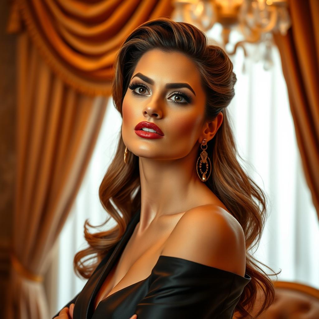 A glamorous and elegant portrait of a confident and stylish woman, embodying beauty and allure