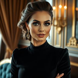 A glamorous and elegant portrait of a confident and stylish woman, embodying beauty and allure