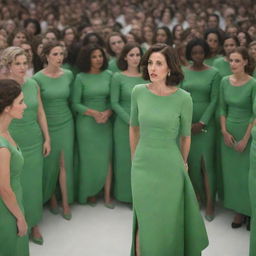 A crowd of individuals, all sporting matte green dresses, engaged in intense discussion while focused on a screen displaying nothing but pure white.