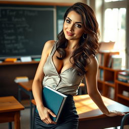 A beautiful, sexy teacher with a confident stance, modestly dressed in seductive but tasteful attire, posing in a classroom setting