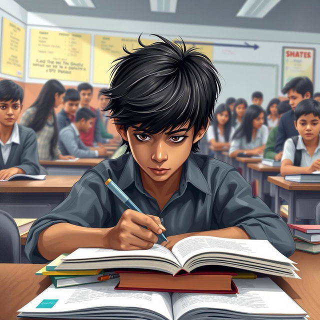 A fair brown-skinned boy with medium-length black hair and masculine features sits at his desk in a bustling 9th standard classroom