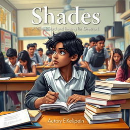 A fair brown-skinned boy with medium-length black hair and masculine features sits at his desk in a bustling 9th standard classroom