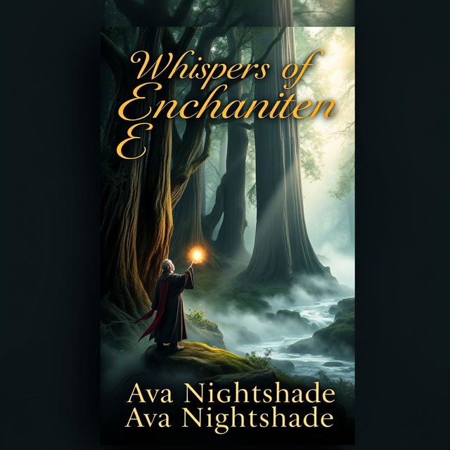 A captivating book cover design featuring a mystical forest scene, with towering ancient trees and a soft beam of sunlight filtering through the dense canopy