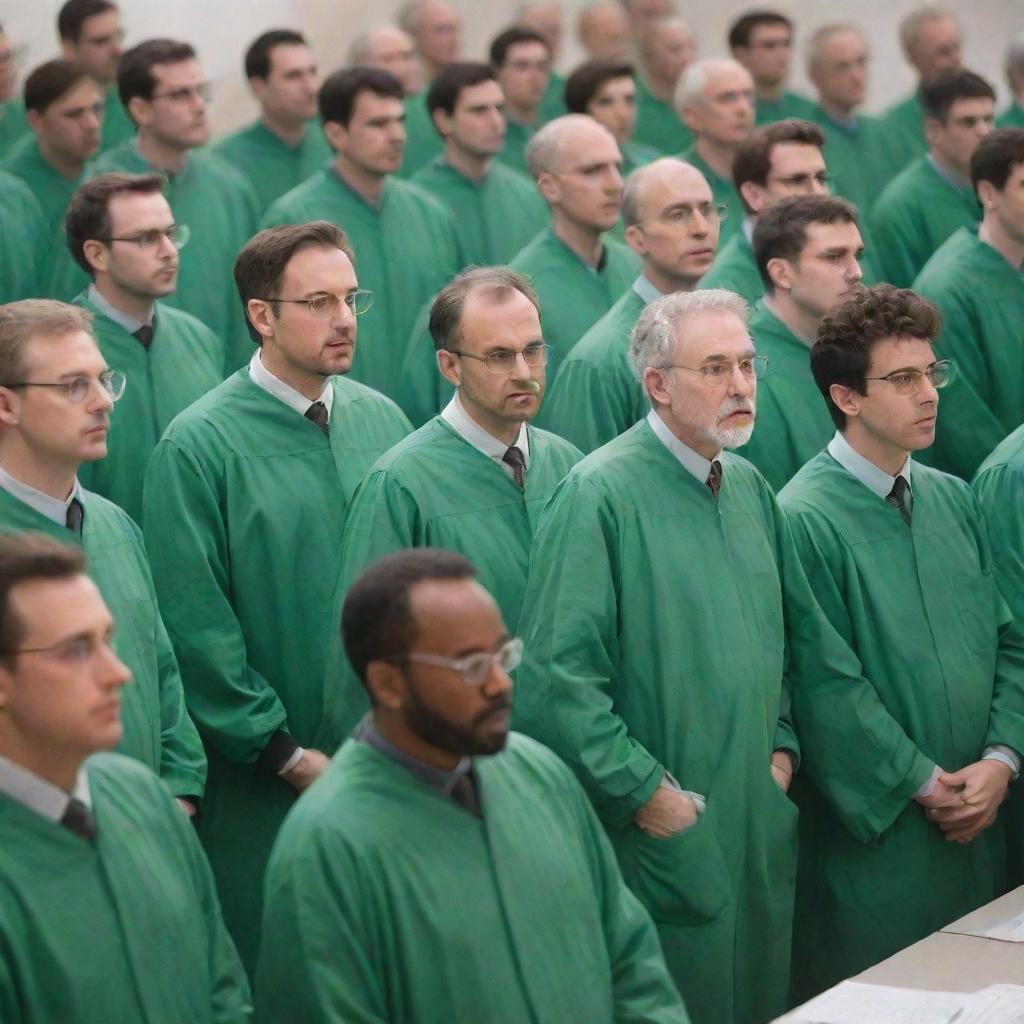 A throng of male scientists, donned in matte green gowns, engaged in intense discussion while staring at a screen radiating nothing but bright white.