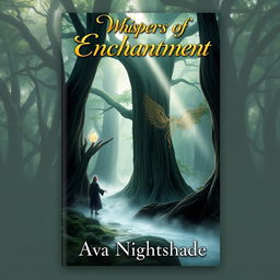 A captivating book cover design featuring a mystical forest scene, with towering ancient trees and a soft beam of sunlight filtering through the dense canopy