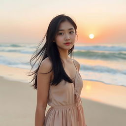 A beautiful South Korean girl standing on a sandy beach, with the waves gently crashing in the background