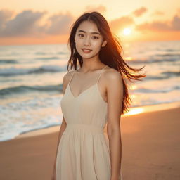 A beautiful South Korean girl standing on a sandy beach, with the waves gently crashing in the background