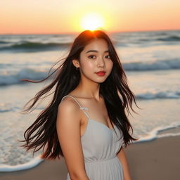 A beautiful South Korean girl standing on a sandy beach, with the waves gently crashing in the background