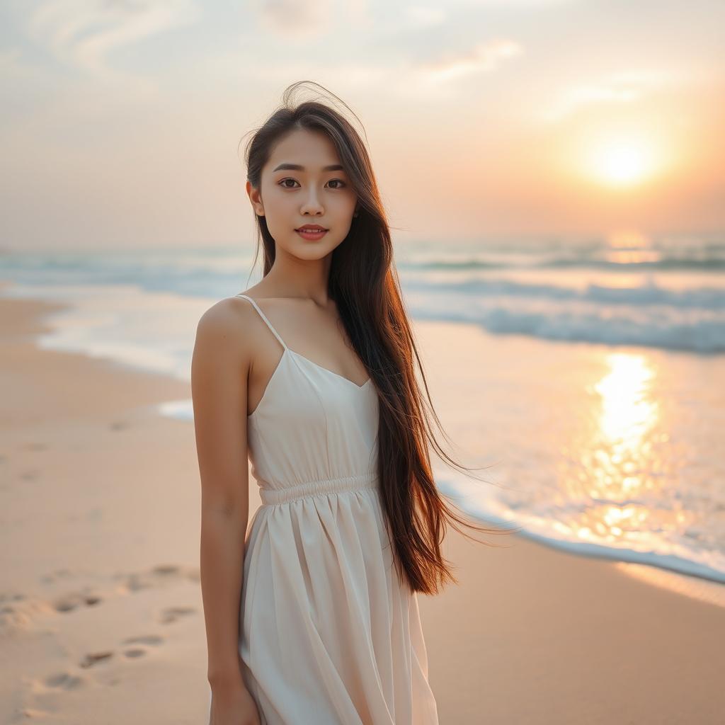 A beautiful South Korean girl standing on a sandy beach, with the waves gently crashing in the background